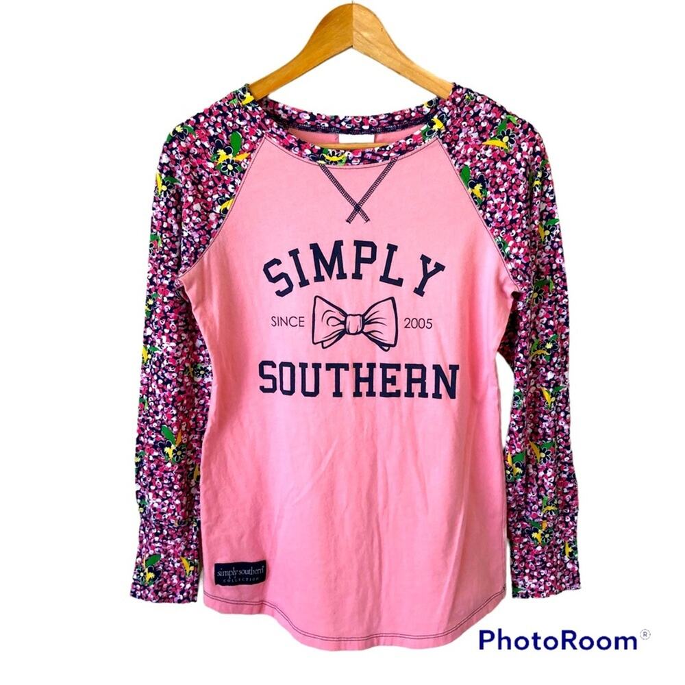 Simply Southern Pink Henley Jersey Shirt Womens Small Graphic Floral Casual
